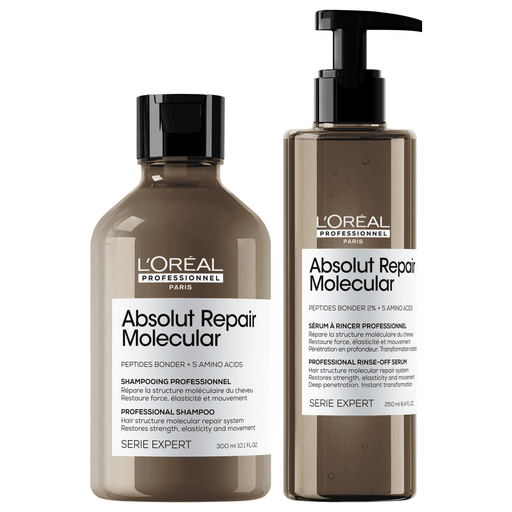 Absolut Repair Molecular es una línea creada por L´Oréal Professionnel para todo tipo de cabello dañado que logra reparar 2 años de daño en un uso. Este pack incluye un shampoo que ayuda a reparar, fortalecer y nutrir la fibra capilar, además de aportarle movimiento y suavidad + un tratamiento sérum de enjuague que reconstruye la estructura molecular del cabello y restaura la fuerza logrando una transformación instantánea.