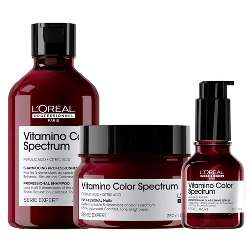 Este pack Vitamino Color Spectrum de L'Oréal Professionnel hará que tu color se mantenga por mucho más tiempo, mostrando vitalidad, fuerza y brillo. Incluye un shampoo de 300ml + una máscara de 250ml + un sérum de 50ml.