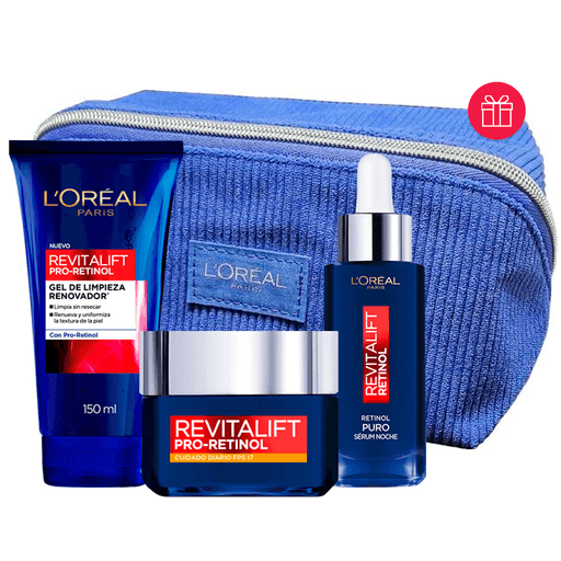 Este pack de L´Oréal con Retinol ayudará a que tu piel se vea uniforme, hidratada, flexible, renovada y con una visible reducción de arrugas. Incluye una crema Revitalift Día con Pro-Retinol FPS17 de 50ml + un sérum Revitalift Noche Retinol Puro L'Oréal París de 30ml + un gel de limpieza facial Renovador Revitalift con Pro-Retinol de 150ml.