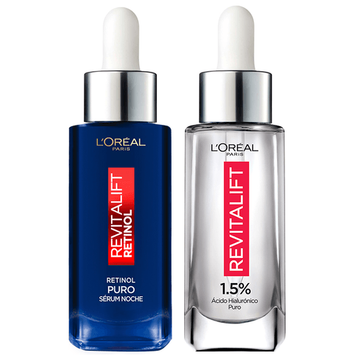 Este pack L´Oréal Revitalift es ideal para que tu piel se vea flexible, lisa, reduciendo tanto las líneas de expresión finas como las arrugas más profundas. El pack incluye un Sérum Revitalift Noche Retinol Puro de 30ml + un Sérum Rellenador Revitalift Con Ácido Hialurónico de 30ml.