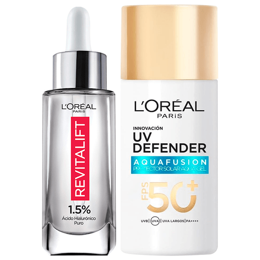 Este pack L’Oréal París combina cuidado intensivo e hidratación con protección diaria en una rutina completa para la piel. Incluye el sérum Rellenador Revitalift con 1,5% de ácido hialurónico puro, que ayuda a hidratar en profundidad y reducir visiblemente las líneas finas en pocas semanas, ideal para pieles desde los 25 años. Se complementa con el Protector Solar UV Defender Aquafusion FPS50+, de textura ultra ligera tipo aqua-gel, que se absorbe rápidamente, brinda una sensación refrescante y protege eficazmente contra los rayos UV, dejando la piel suave, hidratada y protegida durante todo el día.