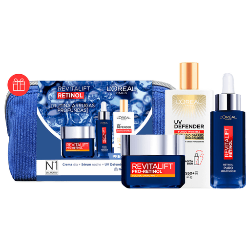 Este pack L'Oreal es perfecto para cuidar y deja tu piel revitalzada. El Sérum Noche Retinol Puro hidrata, suaviza y reduce arrugas profundas mientras dormís, mientras que la crema Revitalift con Pro-Retinol y FPS17 para uso diario combate arrugas, mejora textura y renueva tu piel. Además con el UV Defender Fluido Invisible FPS50+, ultraligero y apto para todo tipo de piel, podrás prevenir manchas, líneas de expresión y daño solar.