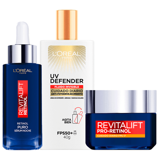 Este pack L'Oreal es perfecto para cuidar y deja tu piel revitalzada. El Sérum Noche Retinol Puro hidrata, suaviza y reduce arrugas profundas mientras dormís, mientras que la crema Revitalift con Pro-Retinol y FPS17 para uso diario combate arrugas, mejora textura y renueva tu piel. Además con el UV Defender Fluido Invisible FPS50+, ultraligero y apto para todo tipo de piel, podrás prevenir manchas, líneas de expresión y daño solar.
