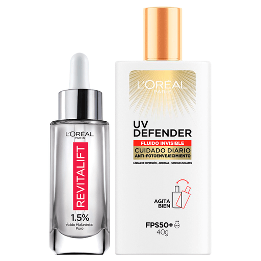 Obtené una piel sana y bella con este pack L´Oreal de Sérum Revitalift Hialurónico 30ml + Protector Solar Facial 40gr. El sérum contiene un 1,5% de ácido hialurónico puro. La más alta concentración de Ácido hialurónico logrando -40% de líneas finas en 4 semanas. Ideal para edades entre 25-30 años. El protector solar tiene una textura ideal siendo 11 veces más ligera que un cuidado clásico FPS 50+. Además, reduce 7 años de manchas solares en 3 meses. Con tecnología Netlock, la mejor sensorialidad con la más alta protección UV y ácido hialurónico.