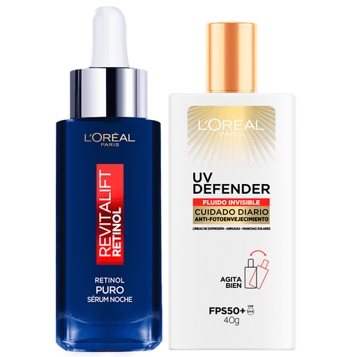 Protegé y disminuí las arrugas más profundas con este pack L´Oreal París el cual incluye un Sérum Revitalift Noche Retinol Puro de 30ml + un Protector Solar Facial UV Defender Fluido Invisible de 40gr. Tu piel hidratada, flexible, lisa y con una protección contra los rayos UVB/UVA.