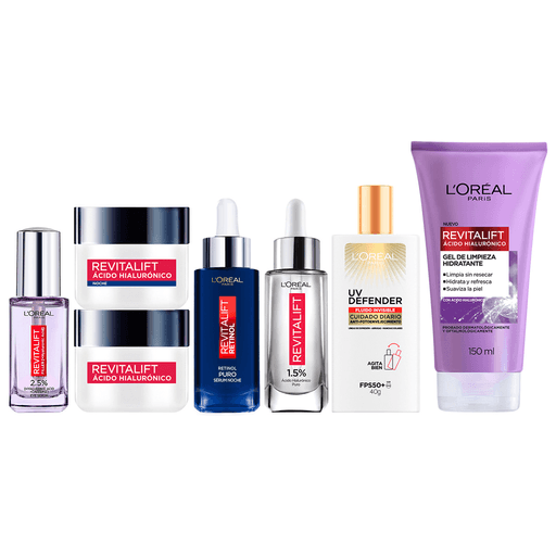 Tu piel mas deslumbrante que nunca con este pack de L´Oréal París, el cual incluye todo lo necesario para que la piel de tu rostro esté espléndida. El pack viene con un sérum Revitalift Noche Retinol Puro de 30ml + un sérum Revitalift con Ácido Hialurónico de 30ml + un sérum para ojos Revitalift de 20ml + una crema de día Revitalift FPS 20 de 50ml + una crema de noche Revitalift de 50ml + un protector solar facial UV Defender Fluido invisible de 40gr + un gel de limpieza facial Revitalift de 150ml.