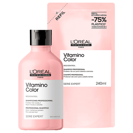 Este pack L'Oréal Professionnel Vitamino Color está diseñado para proteger y prolongar la intensidad del color en cabellos teñidos, aportando brillo y suavidad desde el primer uso. Incluye un shampoo profesional de 300ml que limpia delicadamente mientras cuida la fibra capilar, junto con una práctica recarga económica de 240ml que te permite reutilizar el envase, ahorrar y reducir el consumo de plástico, logrando un cuidado completo con una opción más sustentable.