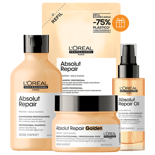 Este completo pack L’Oréal Professionnel Absolut Repair está diseñado para brindar una reparación profunda y profesional al cabello dañado, incluyendo un shampoo de 300ml junto con una recarga económica de regalo que permite ahorrar mientras cuidás tu cabello, aportando hasta un 77% menos de daño en la fibra y un brillo hasta 7 veces superior gracias a su fórmula con quinoa y proteína. La rutina se potencia con la mascarilla Absolut Repair Golden, que restaura intensamente sin aportar peso, dejando el cabello suave, manejable y visiblemente revitalizado, y se completa con un spray 10 en 1 sin enjuague, enriquecido con aceite de germen de trigo, que protege, nutre y mejora la apariencia del cabello con múltiples beneficios en un solo paso.