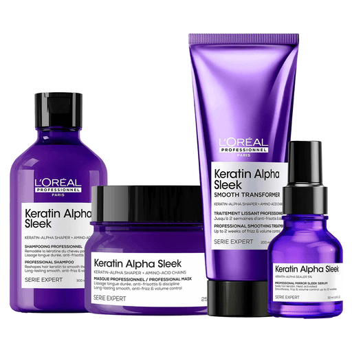 Transformá tu rutina capilar con el pack L'Oréal Professionnel Keratin Alpha Sleek, que incluye un shampoo de 300ml, un tratamiento de 200ml, una máscara de 250ml y un sérum de 50ml. Su fórmula con Keratin-Alpha y aminoácidos ayuda a alisar, hidratar y controlar el frizz, dejando el cabello más suave, brillante y disciplinado. La máscara nutre intensamente la fibra capilar, mientras que el sérum sella la queratina para prolongar la suavidad y reducir el volumen hasta por 10 lavados. Ideal para lograr un acabado sedoso y con movimiento natural.