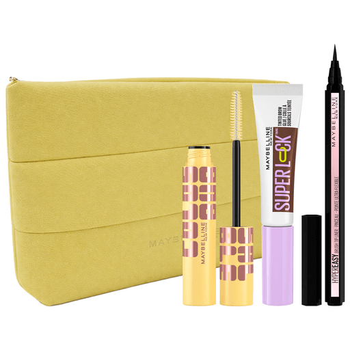 Con este pack Maybelline tu mirada será única y casusará impacto en cualquier lugar. Incluye una máscara de pestañas Colossal Bubble Washable Very Black + un gel fijador de cejas Superlock Brown Glue Deep Brown + un delineador HyperEasy Liner Waterproof + Neceser.