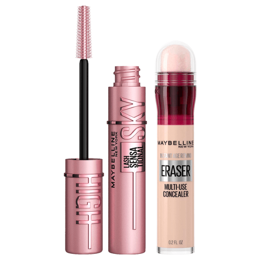 Este pack de Maybelline es perfecto para lucir una mirada renovada e impactante. La máscara de pestañas Lash Sensational Sky High te brinda una longitud sin límites y volumen impactante, gracias a su innovador cepillo cónico y flexible que alcanza hasta las pestañas más pequeñas, logrando una mirada intensa y definida. Mientras que el corrector te ayuda a lucir con menos ojeras, hinchazón, refrescando la zona de los ojos.
