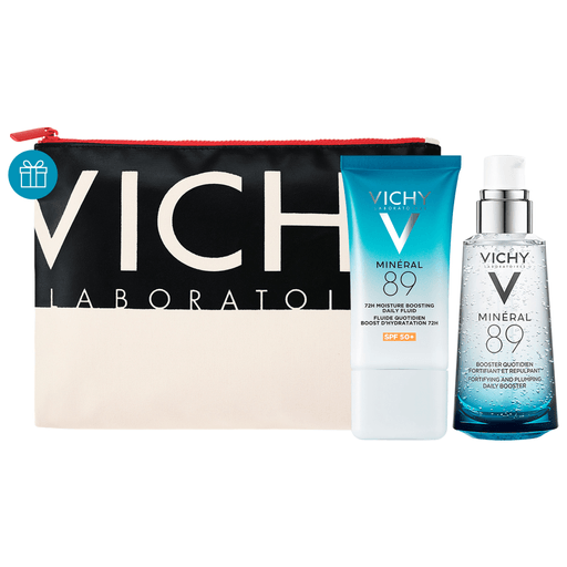 Pack Vichy Mineral 89, con un Fluido Boost de Hidratación Facial 72H con FPS50+ que ayuda a potenciar y retener la hidratación de la piel hasta 72h, mientras la protege de los rayos solares + un sérum que une el poder del Agua Volcánica de Vichy al 89% y el Sérum Ácido Hialurónico en concentrado para hidratar, iluminar, rellenar y reforzar la piel. Viene con un neceser DE REGALO.
