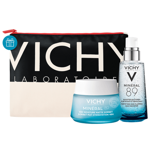 Este pack de Vichy incluye una crema gel Minéral 89 48H Moisture Matte Sorbet refrescante que proporciona una hidratación duradera hasta por 48 horas + un sérum Minéral 89 de 50ml, el cual une el poder del Agua Volcánica de Vichy al 89% y el Sérum Ácido Hialurónico en concentrado para hidratar, iluminar, rellenar y reforzar la piel. Viene con un neceser DE REGALO.