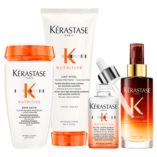 Este pack Kéraste Nutritive es la combinación perfecta para cuidar y nutrir tu cabello de normal a ligeramente seco. Con el Nutritive Bain Satin de Kérastase es el shampoo ideal para limpiar en profundidad el cabello seco, reponiendo suavidad, brillo y fortaleza. El acondicionador Lait Vital, logrará una hidratación profunda que dejará tu cabello suave y sedoso. Por otro lado, el sérum nocturno es una inyección nutritiva para todos los tipos de cabello seco, mientras que el sérum reparador de puntas es un tratamiento SOS ultranutritivo. Con este pack completo, obtendrás resultados visibles y duraderos, brindando a tu cabello el cuidado que se merece. 