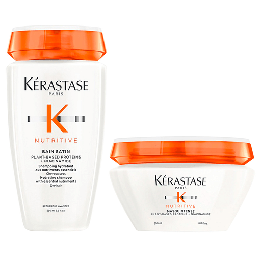 El Pack Kéraste Nutritive Shampoo Bain Satin 250ml + Máscara Masquintense 200ml es la solución perfecta para el cabello seco y desnutrido. El shampoo Nutritive Bain Satin de Kérastase es un hidratante suave que deja el cabello nutrido, brilloso y fortalecido. La Máscara Nutritive Masquintense, por su parte, contiene proteínas de origen vegetal y niacinamida que potencian la capacidad de la fórmula para nutrir y fortalecer el cabello. 