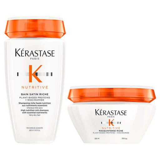 El Pack Kérastase Nutritive Shampoo Bain Satin Riche 250ml + Máscara Masquintense Riche 200ml ofrece una solución completa para el cuidado del cabello seco y deshidratado. El shampoo Nutritive Bain Satin Riche es un producto suave e hidratante que nutre y fortalece el cabello, dejándolo brillante y saludable. Su fórmula enriquecida con nutrientes esenciales limpia profundamente el cabello seco y le devuelve su suavidad natural.  La máscara Nutritive Masquintense Riche es el complemento perfecto para el shampoo, ya que contiene polímeros acondicionadores especialmente seleccionados y niacinamida, que ayudan a hidratar y acondicionar el cabello. Es el tratamiento ideal para cabello muy seco.