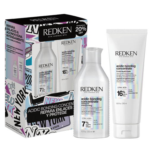 Este pack Acidic Bonding Concentrate es la solución Profesional de Redken para la reparación, protección, transformación y nutrición del cabello dañado y debilitado. Incluye un shampoo de 300ml y una mascarilla de 250ml. 