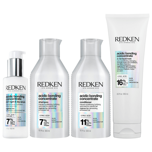 Este pack Acidic Bonding Concentrate es la solución Profesional de Redken para la reparación, protección, transformación y nutrición del cabello dañado y debilitado. Incluye un shampoo de 300ml + un acondicionador de 300ml + un sérum 24/7 Día y Noche de 100ml + una mascarilla de 250ml.