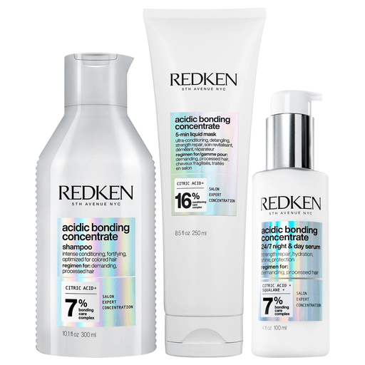 Este pack Acidic Bonding Concentrate es la solución Profesional de Redken para la reparación, protección, transformación y nutrición del cabello dañado y debilitado. Incluye un shampoo de 300ml + una mascarilla de 250ml + un sérum 24/7 Día y Noche de 100ml.