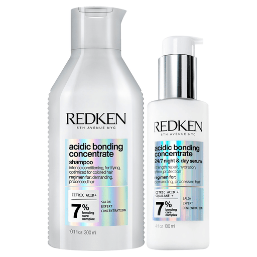 Este pack Acidic Bonding Concentrate es la solución Profesional de Redken para la reparación, protección, transformación y nutrición del cabello dañado y debilitado. Incluye un shampoo de 300ml + un sérum 24/7 Día y Noche de 100ml.