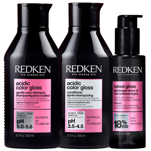 Potenciá el cuidado de tu cabello con este Pack Redken Gloss. El Shampoo Acidic Color Gloss transforma tu melena con su fórmula concentrada todo en uno, aportando brillo deslumbrante, suavidad irresistible y protección total del color, dejando tu cabello más saludable y radiante. Mientras que el acondicionador Acidic Color Gloss aporta brillo, suavidad y protección del color. Sumale el Redken Naked Gloss, un aceite capilar ligero que hidrata, suaviza y protege del calor hasta 230°C, sin residuos ni sensación grasosa, potenciando la luminosidad y manteniendo tu color intenso por más tiempo.