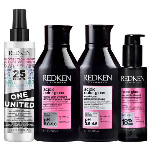 Potenciá el cuidado de tu cabello con este Pack Redken Gloss. El Shampoo Acidic Color Gloss transforma tu melena con su fórmula concentrada todo en uno, aportando brillo deslumbrante, suavidad irresistible y protección total del color, dejando tu cabello más saludable y radiante. Mientras que el acondicionador Acidic Color Gloss aporta brillo, suavidad y protección del color. Sumale el Redken Naked Gloss, un aceite capilar ligero que hidrata, suaviza y protege del calor hasta 230°C, sin residuos ni sensación grasosa, potenciando la luminosidad y manteniendo tu color intenso por más tiempo. Y por último el tratamiento en spray multibeneficios todo en uno, otorga hasta 25 beneficios enfocados a la manejabilidad, protección y brillo del cabello.