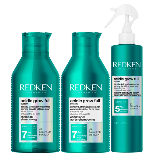 Descubrí el poder del cuidado capilar con el pack Redken Acidic Grow Full, compuesto por un shampoo de 300ml, un acondicionador de 300ml y un spray densificante de 190ml, diseñado para brindar un cabello con aspecto más abundante, fuerte y saludable desde la primera aplicación. El shampoo limpia suavemente el cuero cabelludo mientras lo revitaliza e hidrata gracias a su fórmula con pH equilibrado, aportando volumen instantáneo y favoreciendo un cuero cabelludo sano. El acondicionador complementa el tratamiento con una hidratación ligera que deja el cabello visiblemente más grueso, suave y con mayor cuerpo. Además, el spray densificante aporta volumen inmediato, fortalece la fibra capilar y protege del calor hasta 230 °C sin dejar sensación grasosa, gracias a su fórmula enriquecida con ácido azelaico, cafeína y prebióticos que ayudan a conseguir un cabello más denso y resistente.