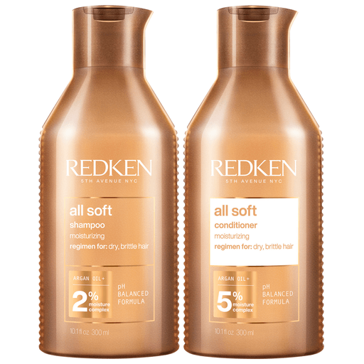 Pack Redken All Soft de shampoo y acondicionador con aceite de argán para cabello seco y quebradizo. El resultado es un cabello suave y super nutrido, deslumbrando en vitalidad.