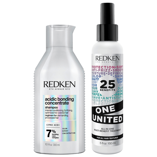 El Pack Redken ofrece una solución profesional para el cuidado y reparación del cabello, ideal para cabellos dañados y debilitados. Incluye el Shampoo Acidic Bonding Concentrate de 300ml, diseñado para fortalecer, nutrir y proteger la fibra capilar, brindando una transformación profunda. Complementando el cuidado, el Spray One United All In One de 150ml aporta hasta 25 beneficios en un solo producto, mejorando la manejabilidad, protección y brillo del cabello. Un dúo perfecto para revitalizar y fortalecer tu cabello con calidad profesional.