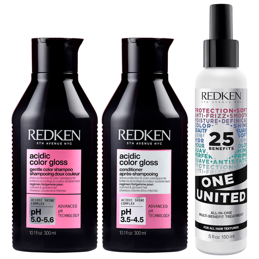 El pack Redken de shampoo y acondicionador Acidic Color Gloss de 300ml + el spray One United All In One Multibeneficios de 150ml es la solución profesional de Redken para brindarle a tu cabello un brillo deslumbrante, suavidad irresistible y protección total del color.