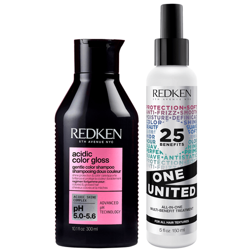 El Pack Redken combina lo mejor del cuidado capilar para un cabello radiante y protegido. Incluye el Shampoo Acidic Color Gloss de 300ml, una fórmula concentrada que transforma el cabello, otorgándole un brillo deslumbrante, suavidad irresistible y protección total del color para un look vibrante y saludable. Complementando el cuidado, el Spray One United All In One de 150ml ofrece hasta 25 beneficios, mejorando la manejabilidad, protección y brillo. Un dúo ideal para mantener tu cabello fuerte, sedoso y luminoso con calidad profesional.