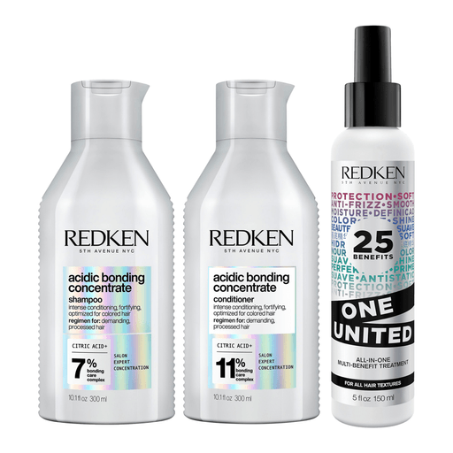 El pack Redken de shampoo y acondicionador ABC Acidic Bonding Concentrate de 300ml + el spray One United All In One Multibeneficios de 150ml es la solución profesional de Redken para la reparación, protección, transformación y nutrición del cabello dañado y debilitado.