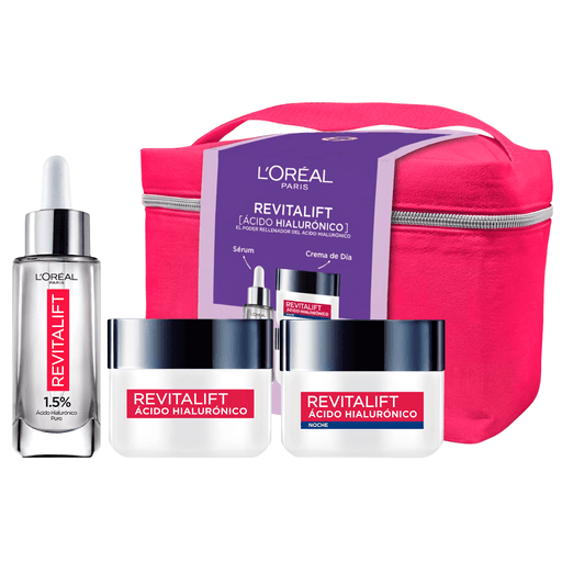Armá tu rutina de cuidado anti líneas de expresión con este pack L'Oréal Revitalift Ácido Hialurónico. El sérum con 1.5% de ácido hialurónico puro mantiene tu piel hidratada, elástica y fresca. La crema facial de día con FPS20 y la crema de noche proveen una hidratación tan intensa que previene y rellena las líneas de expresión. Incluye un neceser DE REGALO