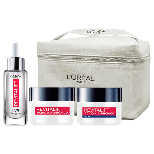 Armá tu rutina de cuidado anti líneas de expresión con este pack L'Oréal Revitalift Ácido Hialurónico. El sérum con 1.5% de ácido hialurónico puro mantiene tu piel hidratada, elástica y fresca. La crema facial de día con FPS20 y la crema de noche proveen una hidratación tan intensa que previene y rellena las líneas de expresión. Incluye un neceser DE REGALO
