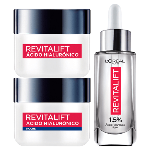 Este pack L´Oreal Revitalift Hialurónico es el aliado ideal para combatir y rellenar las líneas de expresión. Incluye una crema de día y una crema de noche que actúan por 24 horas, además de un sérum rellenador con 1,5% de ácido hialurónico puro.