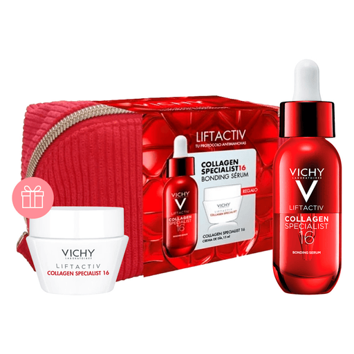 El pack Vichy Liftactiv Collagen Specialist 16 es una rutina antiedad completa que combina sérum + crema de día y un práctico neceser de regalo para acompañarte a donde vayas. El sérum actúa de forma avanzada fortaleciendo la piel afectada por la pérdida de colágeno, ayudando a contrarrestar hasta 16 signos del envejecimiento con un enfoque integral que mejora visiblemente la firmeza, suavidad y luminosidad del rostro. Complementando el tratamiento, la crema de día con tecnología Co-Bonding potencia la producción de colágeno y refuerza la estructura cutánea, corrigiendo múltiples signos de la edad y aportando una apariencia más tersa y rejuvenecida. Un set ideal para quienes buscan una piel más firme, radiante y con aspecto joven en una rutina completa y efectiva.
