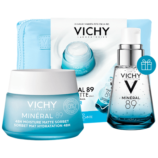 Este pack de Vichy incluye una crema gel Minéral 89 48H Moisture Matte Sorbet refrescante que proporciona una hidratación duradera hasta por 48 horas + un sérum Minéral 89 de 30ml DE REGALO, el cual une el poder del Agua Volcánica de Vichy al 89% y el Sérum Ácido Hialurónico en concentrado para hidratar, iluminar, rellenar y reforzar la piel.