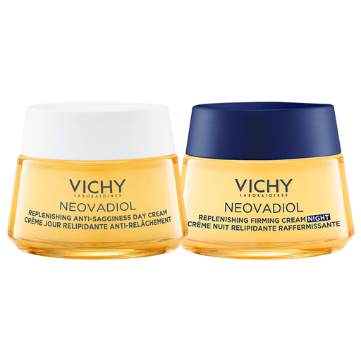 Lográ disminuir las señales de la menopausia, dejando tu piel con menos flacidez y arrugas con este pack Vichy Neovadiol Post-Menopausia, el cual incluye una crema de día de 50ml y una crema de noche de 50ml.