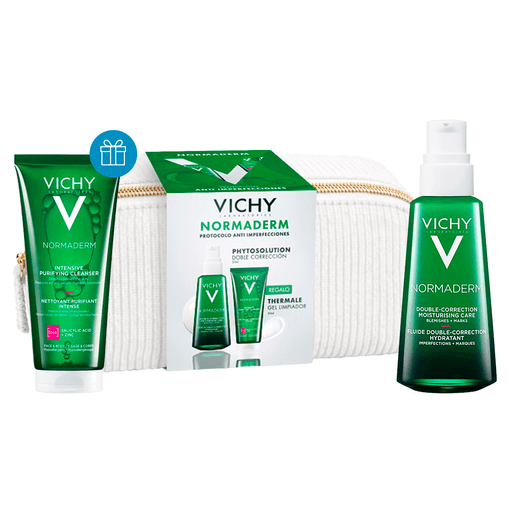 El pack Vichy Normaderm es una rutina completa ideal para pieles grasas o con tendencia acneica, donde la crema hidratante es la protagonista, acompañada de un gel limpiador y un neceser de regalo. La crema de tratamiento diario ofrece una potente doble acción: corrige imperfecciones como granitos, poros visibles y puntos negros, mientras previene la aparición de nuevo acné al fortalecer la barrera cutánea frente a agresiones externas. Además, brinda hidratación por 24 horas, ayuda a controlar el exceso de sebo y mejora visiblemente la textura de la piel. Como complemento, el gel limpiador purifica en profundidad, matifica, reduce el tamaño de los poros y favorece la regeneración cutánea, siendo ideal para piel mixta a grasa. Un set pensado para lograr una piel más limpia, equilibrada y saludable, con la practicidad de incluir un neceser para llevar tu rutina a donde vayas.