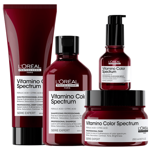 Este pack Vitamino Color Spectrum de L'Oréal Professionnel es el aliado perfecto para que tu cabello tenga un color duradero por mucho más tiempo, mostrando vitalidad, fuerza y brillo. Incluye un shampoo de 300ml + un acondicionador de 200ml + una máscara de 250ml + un sérum de 50ml.