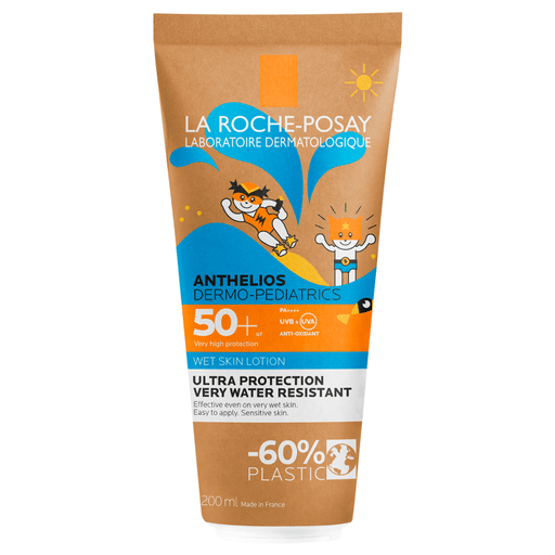 Anthelios Dermo-Pediatrics Wet Skin FPS50+ es un protector solar de rostro y cuerpo para la piel frágil, delicada y clara de los niños de muy alta protección de amplio espectro UVA/UVB.