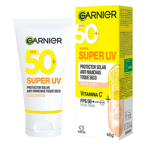 Con Garnier Super UV Toque Seco con color obtené una protección solar facial diaria. Un antimanchas con textura ligera y efecto mate,  FPS 50+ y Vitamina C.