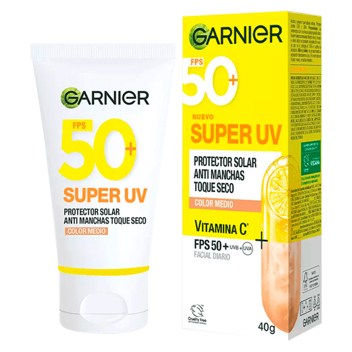 Con Garnier Super UV Toque Seco con color obtené una protección solar facial diaria. Un antimanchas con textura ligera y efecto mate,  FPS 50+ y Vitamina C.
