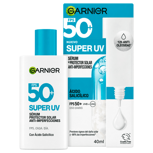 Protector solar fluido con Ácido Salicílico y toque seco para piel con tendencia al acné. Reduce imperfecciones, controla el brillo y protege contra los rayos UV gracias a su FPS50+.