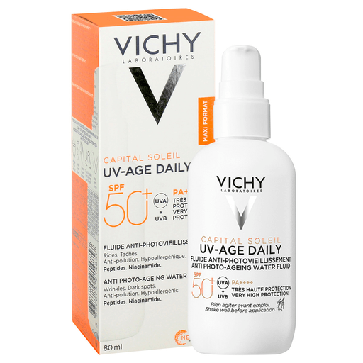 Capital Soleil UV-Age es un protector solar diario de rostro que proporciona muy alta protección frente a los rayos UVA y UVB con un FPS 50+ y un PPD 46.  