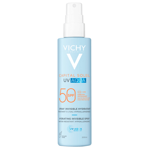 Vichy Capital Soleil UV Aqua Spray Invisible FPS50 de 200ml es un protector en formato spray con acabado invisible que hidrata y deja una textura ligera como el agua. Ofrece alta protección contra rayos UVA, UVB y UVA largos. Enriquecido con tecnología UV Aqua, su fórmula acuosa proporciona un acabado imperceptible para una protección diaria cómoda, fresca y sin residuos.