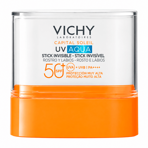 Barra solar Capital Soleil UV Aqua Stick Invisible con protección FPS50+ para zonas sensibles como labios, nariz y orejas. Su fórmula proporciona alta protección UV con un acabado invisible. Es ideal para aplicaciones precisas en áreas expuestas, sin dejar sensación grasa ni residuos en la piel.