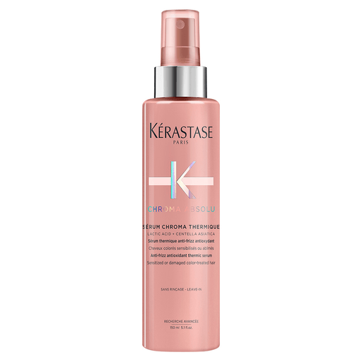El suero sin enjuague Chroma Absolu de Kérastase ofrece un cuidado ácido innovador para el cabello teñido, a la vez que promueve el brillo y la vitalidad, ofreciendo una defensa diaria contra el calor y la humedad. Su suero trabaja para combatir los signos visibles del daño del color.
