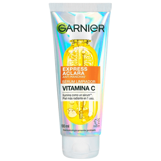 Garnier Express Aclara Sérum Limpiador Facial combina limpieza y tratamiento en una fórmula enriquecida con Vitamina C. Su tecnología de doble acción elimina impurezas y exceso de oleosidad sin resecar, mientras ayuda a cuidar la piel como un sérum. Desde el primer uso, contribuye a unificar visiblemente el tono y potenciar la luminosidad, dejando el rostro limpio, fresco y radiante, sin sensación grasa.