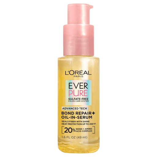 L'Oreal Paris EverPure Bond Repair+ Oil-in-Sérum, con la nueva tecnología avanzada (enlace + complejo de aminoácidos), repara los enlaces débiles del cabello con un uso continuo y sella la fibra con brillo. Usalo en cabello húmedo como protector térmico o en cabello seco como toque final.